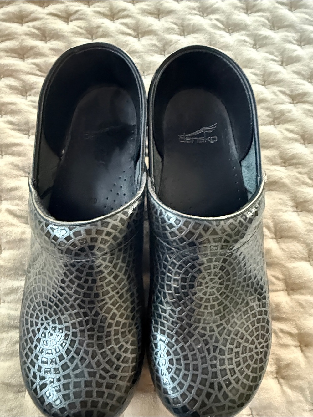 Dansko Metallic Silver-Black Geometric Clogs